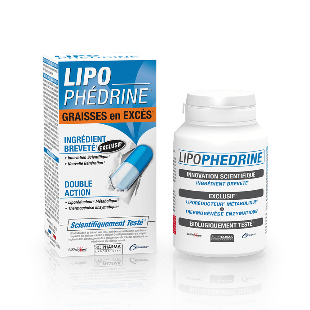 Para adelgazar. Una verdadera innovación científica, LIPOPHEDRINE® está hecho de un ingrediente patentado, Glavonoid™ y Biaminoée™, una combinación de Biopéptidos y Heme Iron para actuar sobre el exceso de grasa.