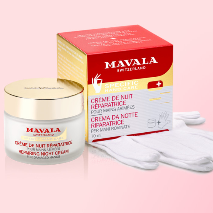 MAVALA cuidado y belleza para uñas, piel alta calidad. CUIDADOS ESPECÍFICOS Crema reparadora de noche.