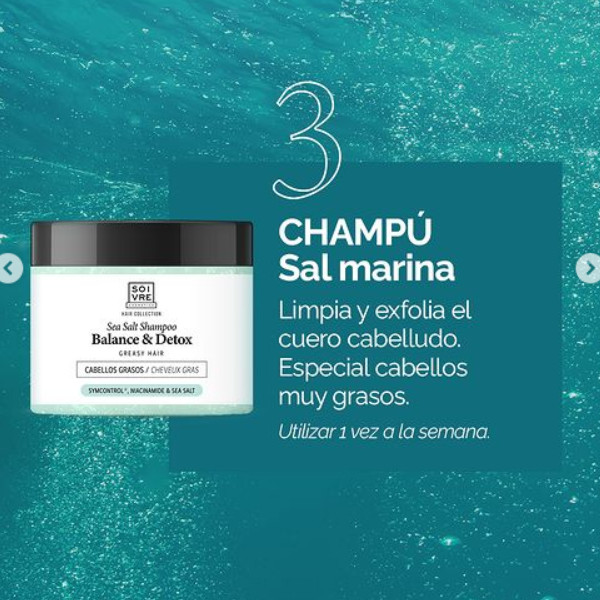 SOIVRE COSMETICS. Cosmética saludable. SOIVRE el cuidado integral y específico que tu piel necesita. CHAMPÚ DE SAL ANTIGRASA CAPILAR 350 G. Balance & Detox. Purifica y regula el sebo.