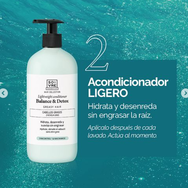 SOIVRE COSMETICS. Cosmética saludable. SOIVRE el cuidado integral y específico que tu piel necesita. ACONDICIONADOR CABELLOS GRASOS 500ML. Balance & Detox. Hidrata sin engrasar la raíz.