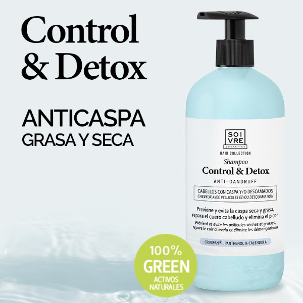 SOIVRE COSMETICS. Cosmética saludable. SOIVRE el cuidado integral y específico que tu piel necesita. CHAMPÚ ANTICASPA 500ML. Control & Detox. Previene y evita la caspa seca y grasa.