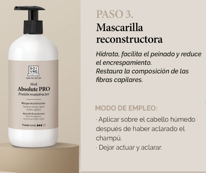 SOIVRE COSMETICS. Cosmética saludable. SOIVRE el cuidado integral y específico que tu piel necesita. CREMA DE PEINADO 250ML. Absolute PRO. Protein reconstructor. Repara el cabello y elimina el frizz.