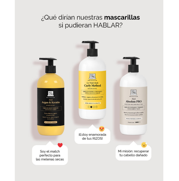 SOIVRE COSMETICS. Cosmética saludable. SOIVRE el cuidado integral y específico que tu piel necesita. MASCARILLA CAPILAR 500ML. Argan & Keratin. Hidrata, nutre y repara.