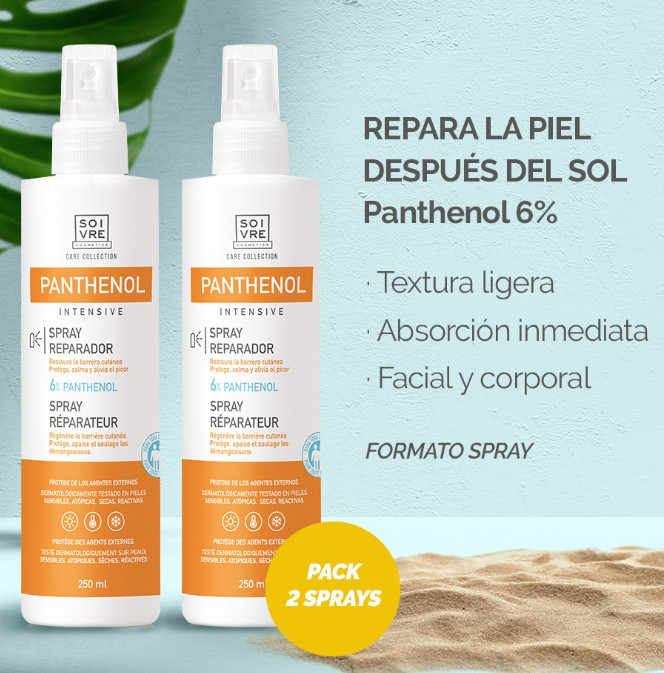 SOIVRE COSMETICS. Cosmética saludable. SOIVRE el cuidado integral y específico que tu piel necesita. PACK PANTHENOL 6% AFTER SUN 2 X 250 ML Panthenol. Restaura la barrera cutánea.