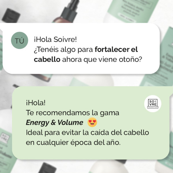 SOIVRE COSMETICS. Cosmética saludable. SOIVRE el cuidado integral y específico que tu piel necesita. CHAMPÚ CAPILAR 100ML Energy & Volume. Fortalece, densifica y previene la caída del cabello.