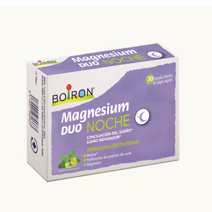 BOIRON MAGNESIUM DUO NOCHE (Sueño y Descanso) MAGNESIUM DUO NOCHE es un complemento alimenticio con una fórmula innovadora que asocia 3 ingredientes: magnesio, melisa y polifenoles del extracto de las pepitas de uva.