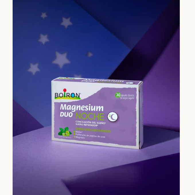 

BOIRON MAGNESIUM DUO NOCHE (Sueño y Descanso) MAGNESIUM DUO NOCHE es un complemento alimenticio con una fórmula innovadora que asocia 3 ingredientes: magnesio, melisa y polifenoles del extracto de las pepitas de uva.