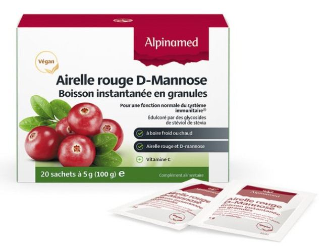 Alpinamed AG extraits spéciaux ou standards AIRELLE ROUGE D-MANNOSE – BOISSON INSTANTANÉE EN GRANULÉS POUR UNE FONCTION NORMALE DU SYSTÈME IMMUNITAIRE