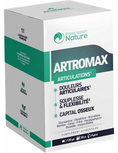 ARTROMAX est un complément alimentaire composé de D-Glucosamine, de sulfate de chondroïtine et d'un complexe de plantes. Cette selection d'actifs agit pour un meilleur confort articulaire : Soutient la fonction des muscles et des articulation¹ Aide à soulager les douleurs articulaires² Favorise le confort articulaire³ ¹ Cassis ² Frene ³ Bambou